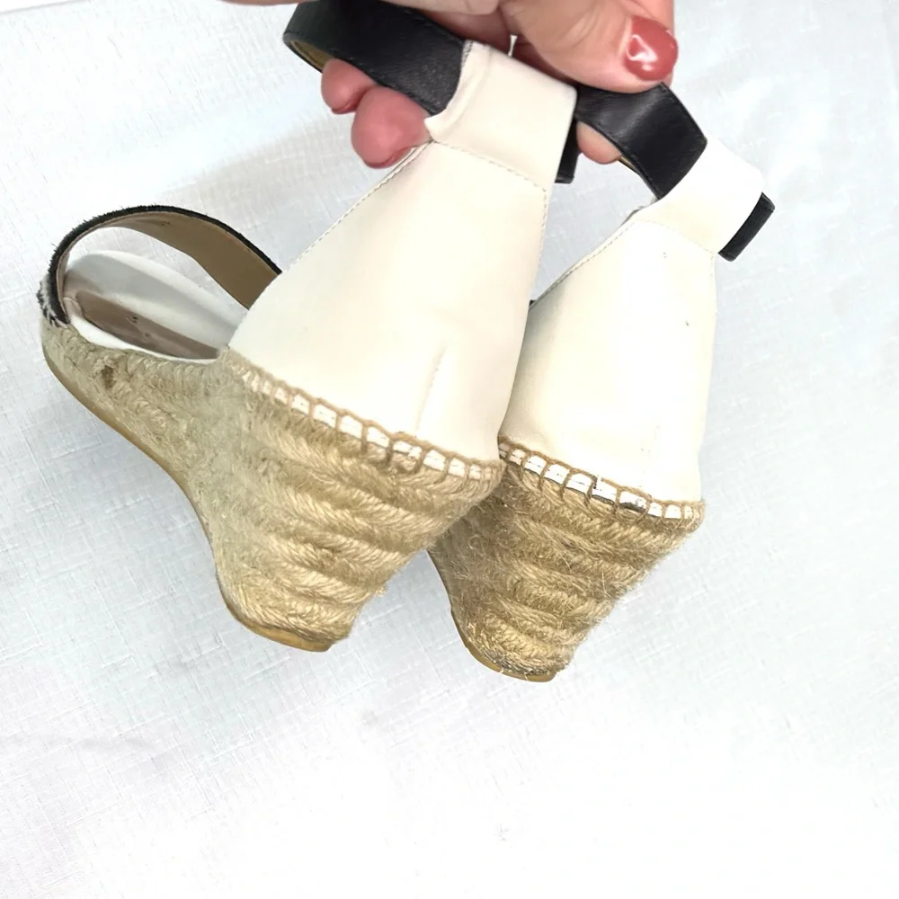 Talbots Navy White Espadrille Sandals with Ankle Strap Leather Canvas Size 6.5